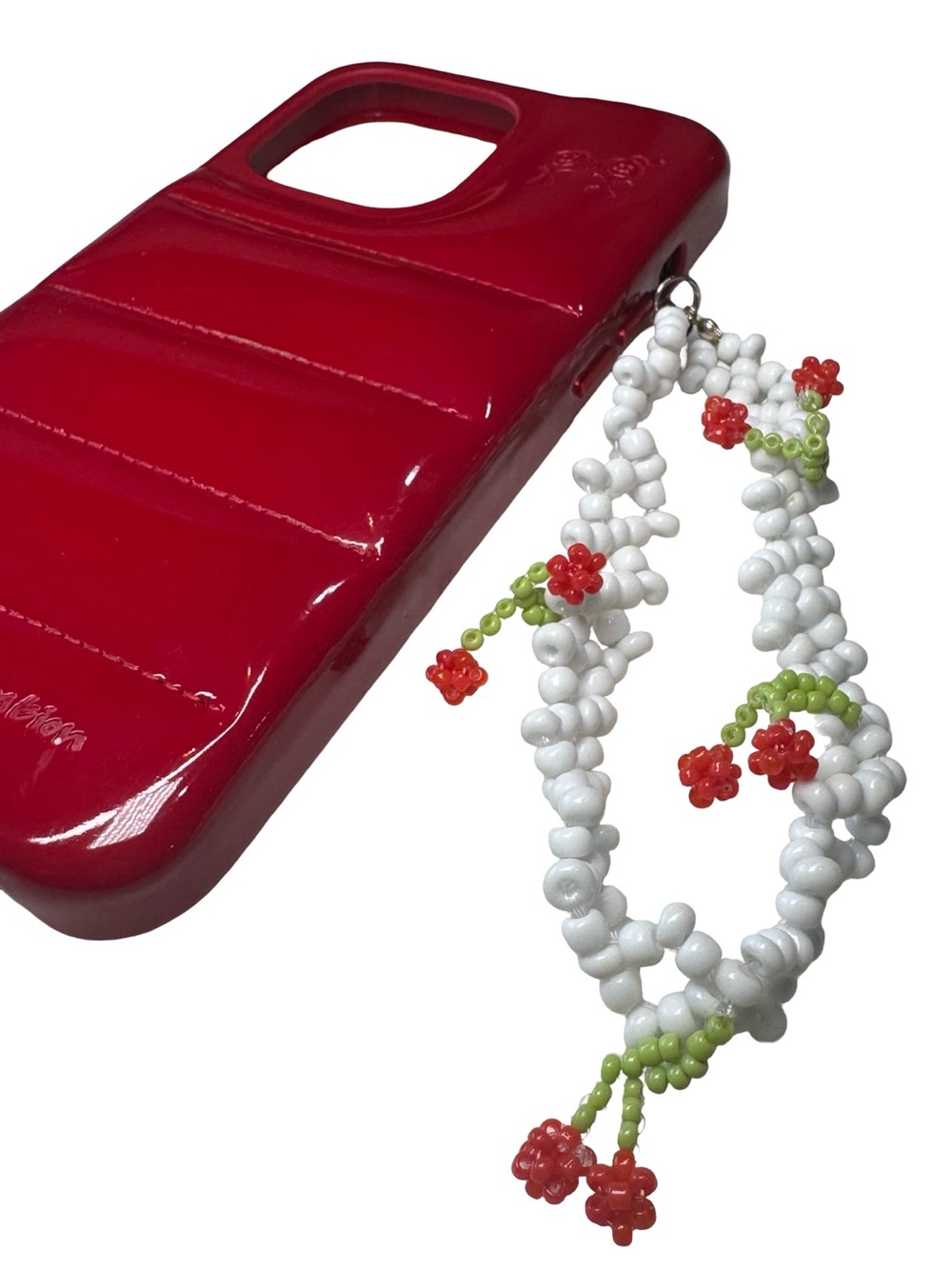 ⚪️🍒 Handmade White Beaded Charm Phone Jewlery/wrist Strap w Cherries 🍒 ⚪️
